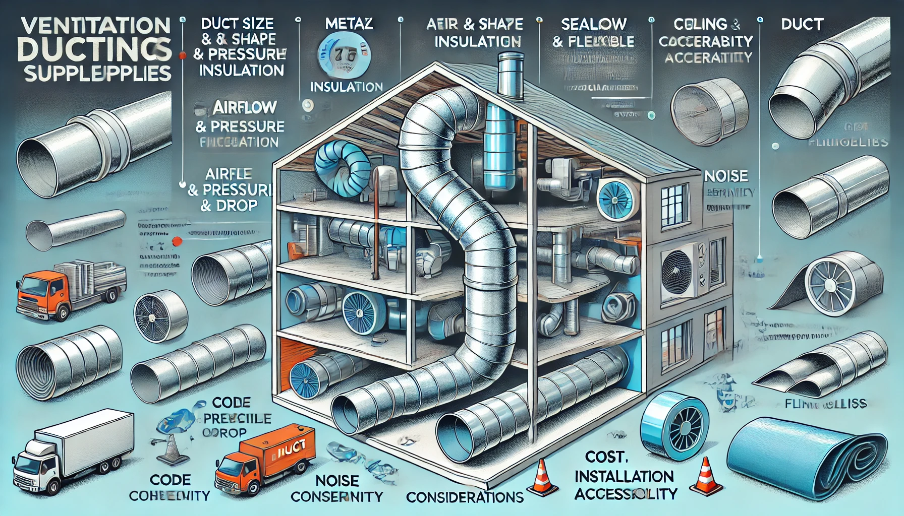 What are the essential types of ducting supplies needed for a comprehensive HVAC system